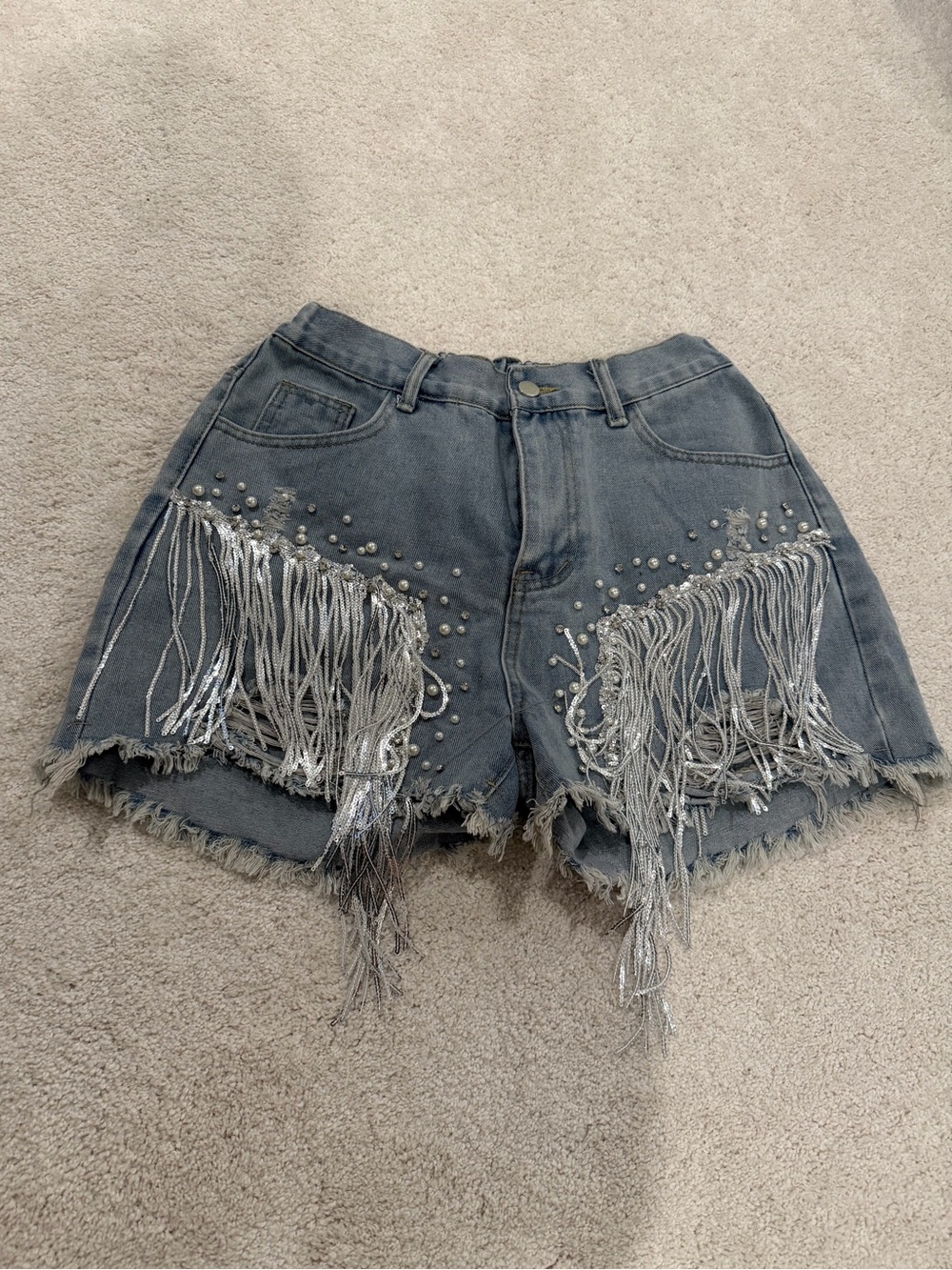 Fringed Embellished Denim Shorts